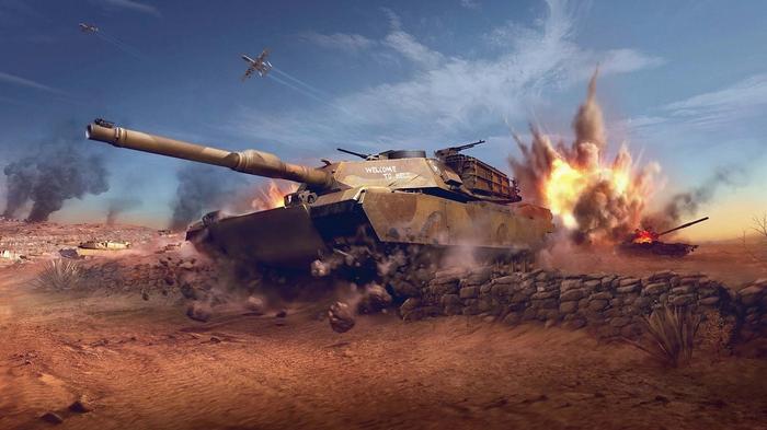 Image of a tank coursing across desert in World of Tanks.