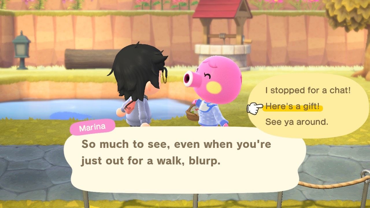 A player gifting villager, Marina, a present in Animal Crossing: New Horizons.
