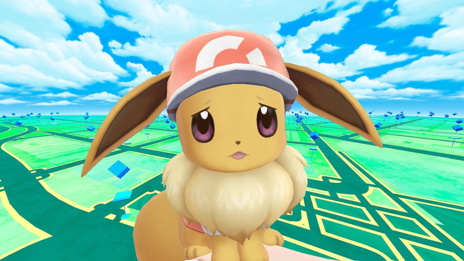 pokemon go green background with sad eevee in middle