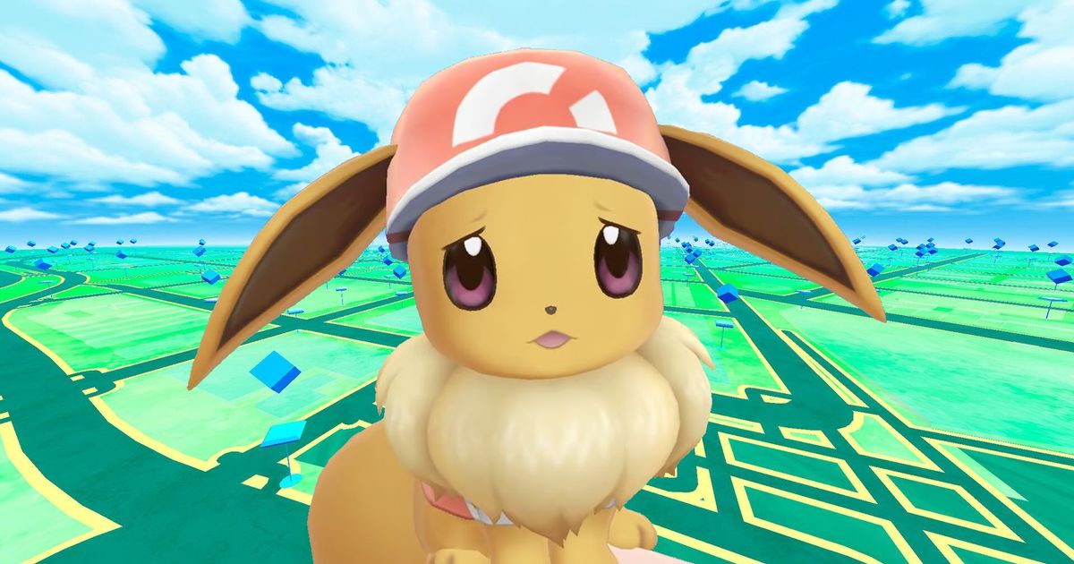 pokemon go green background with sad eevee in middle