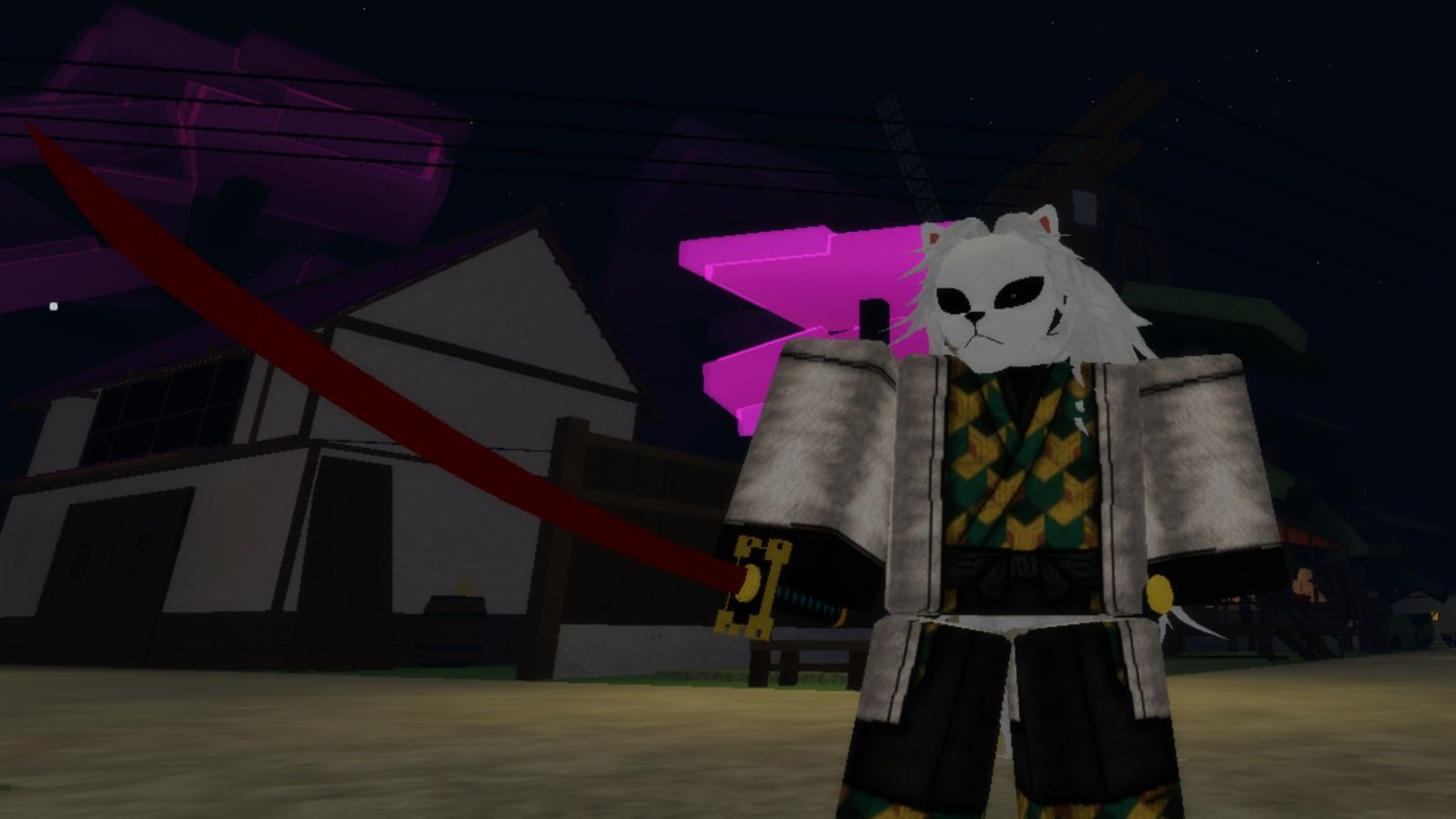 A masked warrior holding a red sword