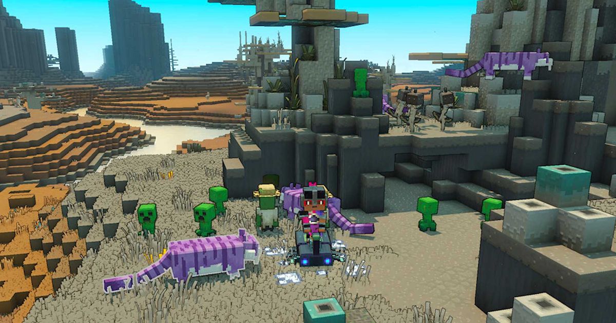 The player character surrounded by Creepers in Minecraft Legends