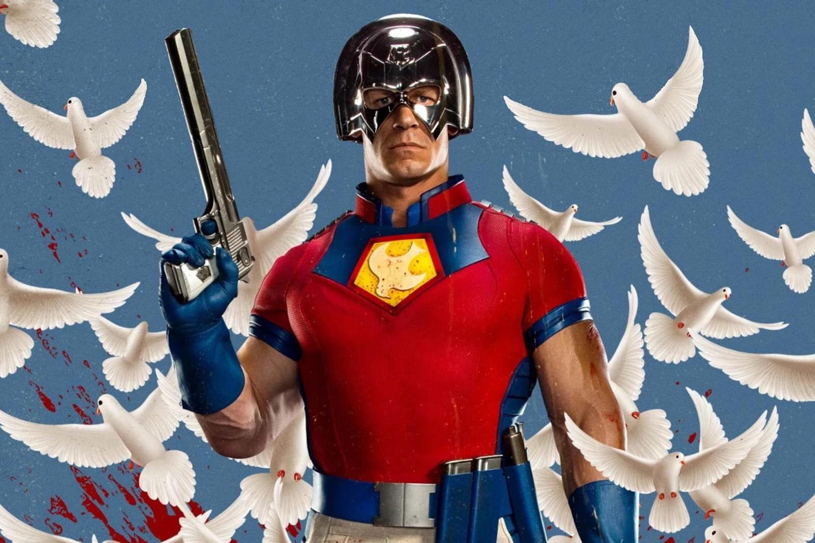 John Cena's Peacemaker holds a gun while doves fly around.