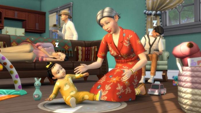 The grandmother is playing with a baby in Sims 4.