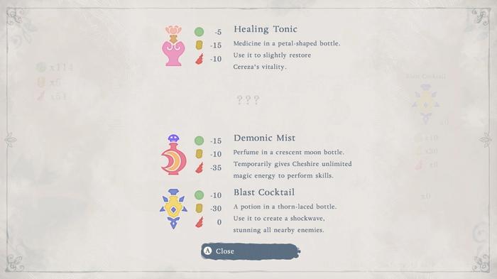 Bayonetta Origins: Cereza and the Lost Demon menu showing the Healing Tonic, Demonic Mist, and Blast Cocktail