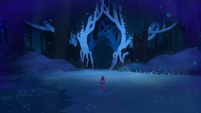 Cereza walking through the Avalon Forest alone in Bayonetta Origins: Cereza and the Lost Demon.