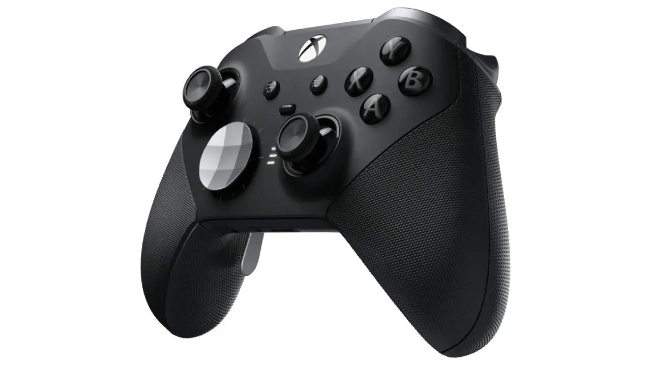 A black Xbox controller with a gradient white and grey touch pad on the left.