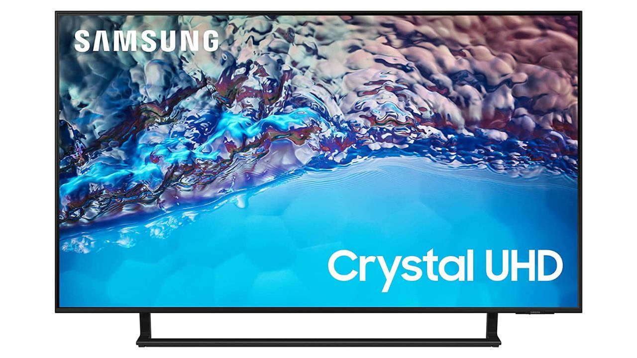 Best TV - Samsung BU8500 product image of a black-framed TV with blue image on the display.