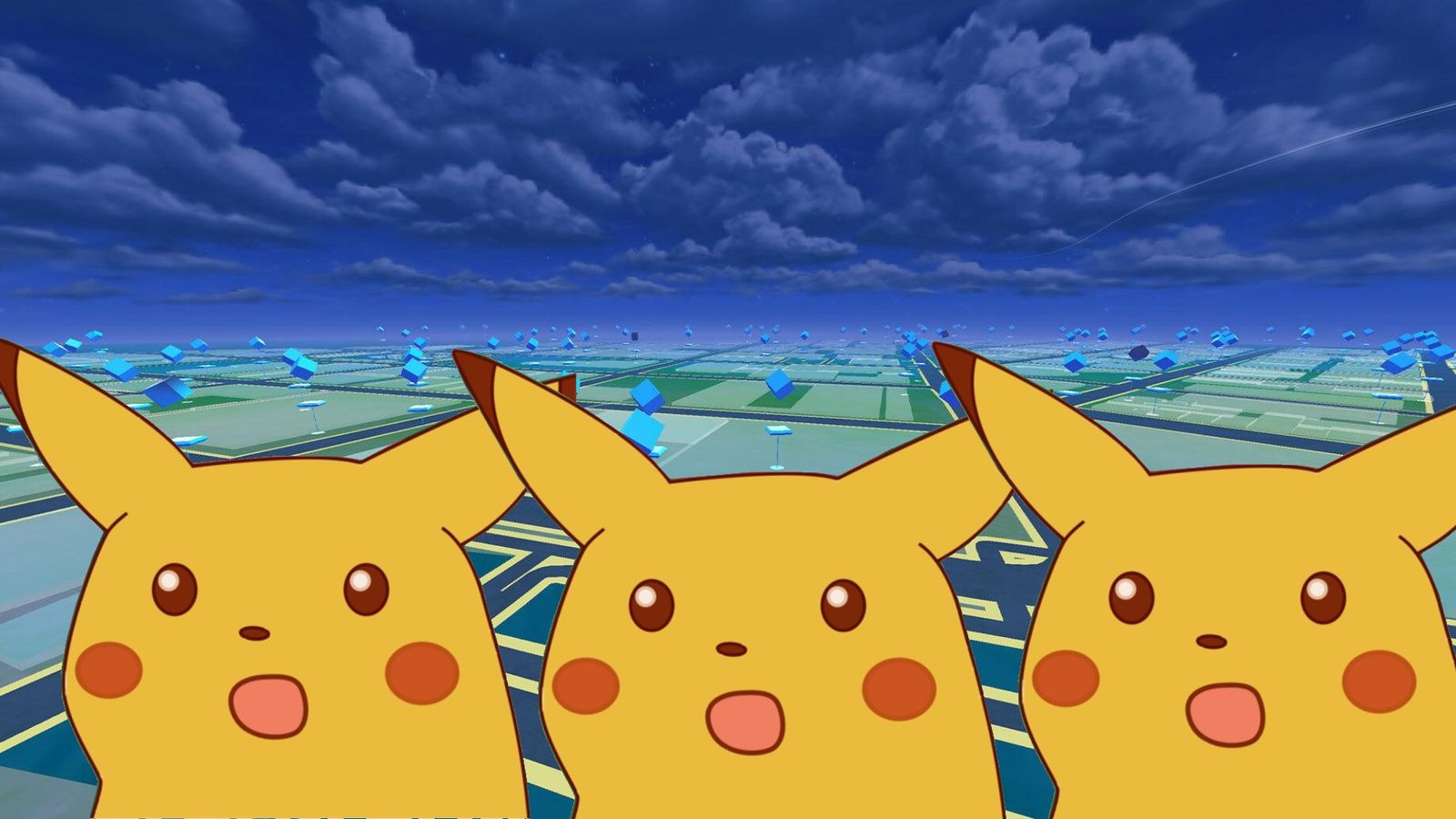 pokemon go background with three surprised pikachu faces on top