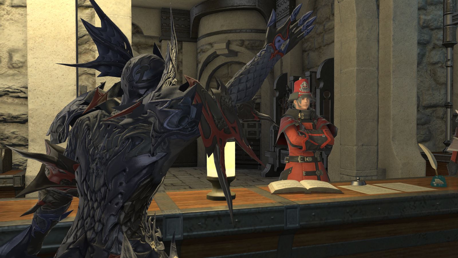 An image of a Dragoon from Final Fantasy XIV preparing to turn in Grand Company Seals for the next step in his Anima Lux Relic Weapon questline from Heavensward. 