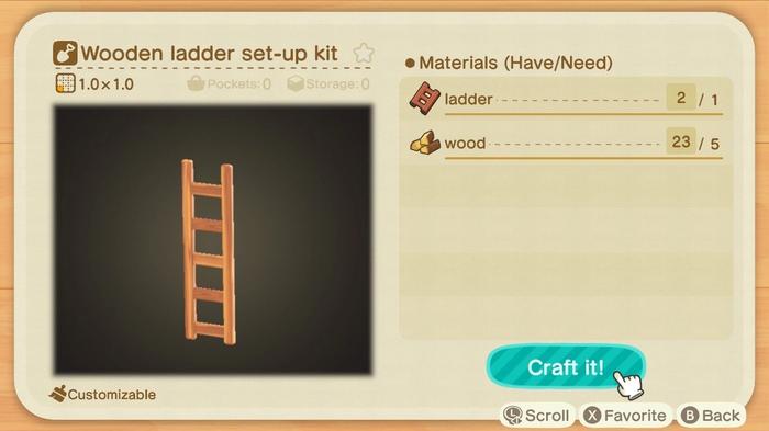 The recipe for crafting a permanent wooden ladder set-up in Animal Crossing: New Horizons.