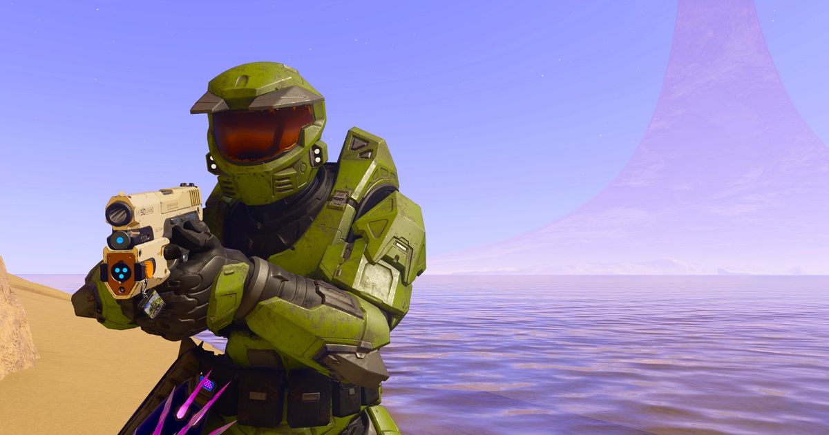 Halo Infinite Forge’s The Silent Cartographer mission with Master Chief on the beach 