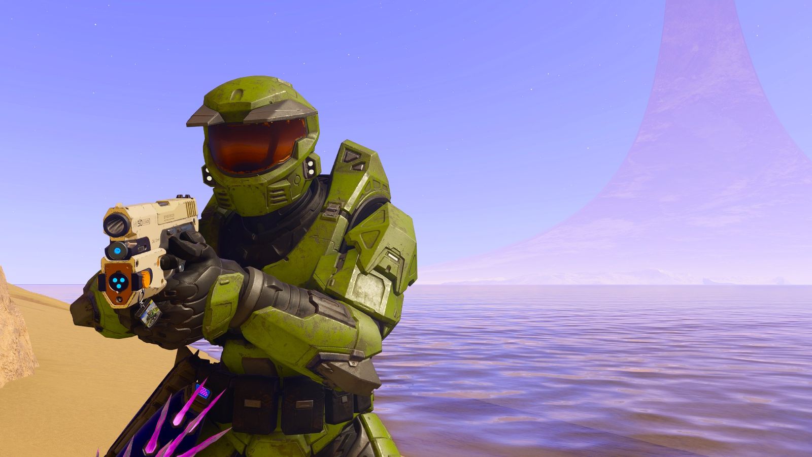 Halo Infinite Forge’s The Silent Cartographer mission with Master Chief on the beach 