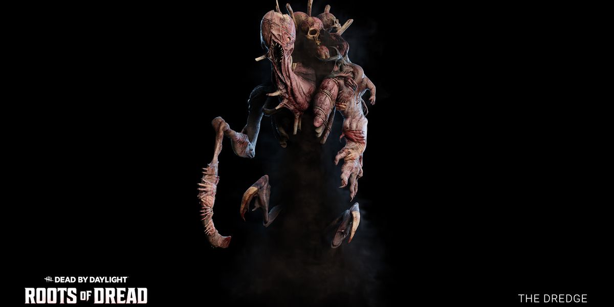 The new killer the Dredge, Dead by Daylight. An amalgamation of limbs, with a long face and torn mouth.