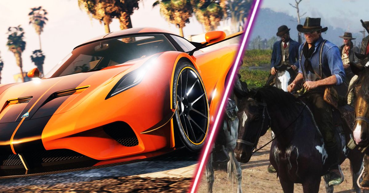 A GTA Online supercar alongside Red Dead Redemption 2's Arthur Morgan on a horse.