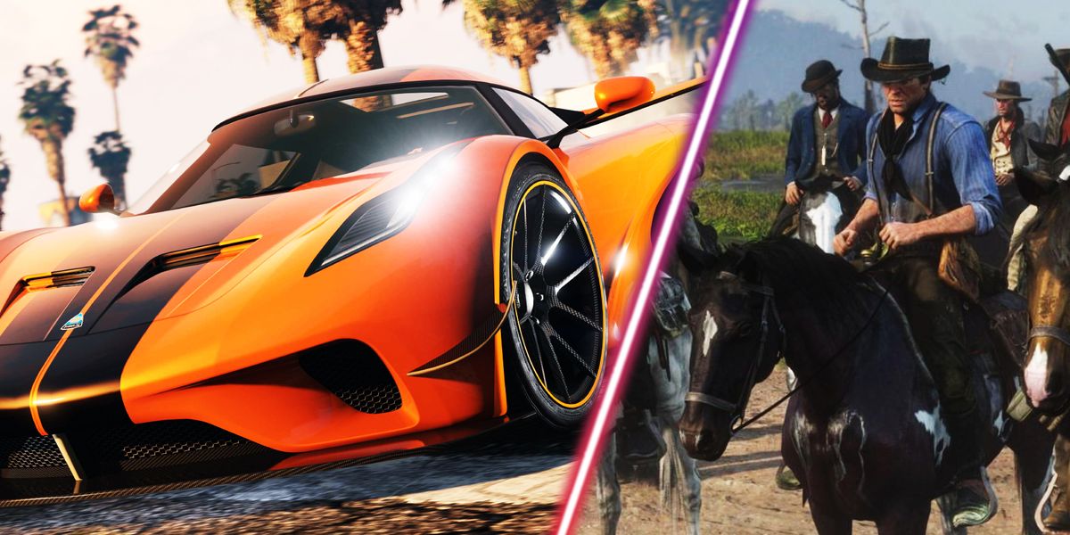 A GTA Online supercar alongside Red Dead Redemption 2's Arthur Morgan on a horse.