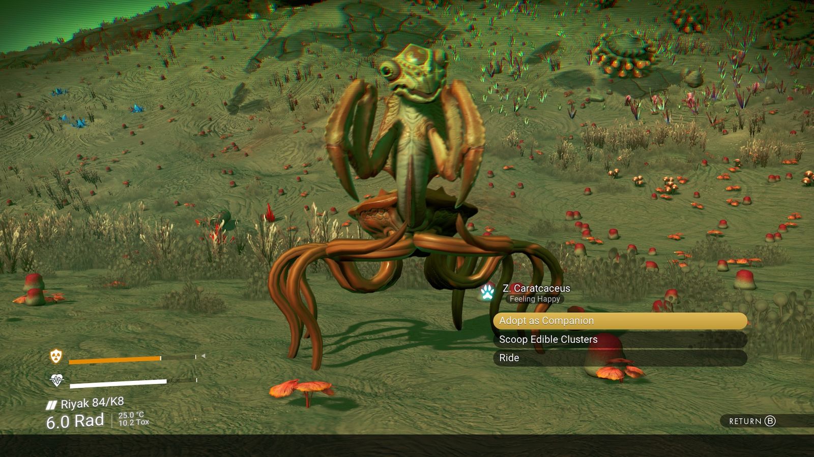 An Aibai-Abasta wild animal after having been fed Creature Pellets; the animal can be adopted or farmed of edible clusters in No Man's Sky.