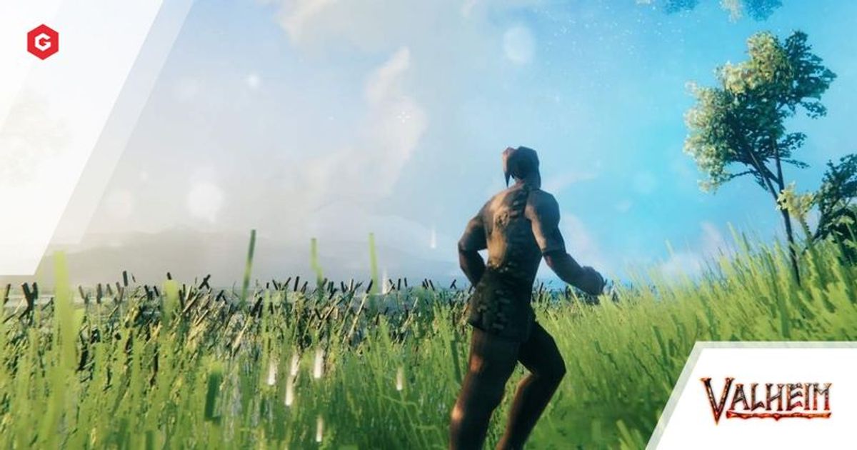 A screenshot from Valheim showing a character running through a overgrown field during the day.