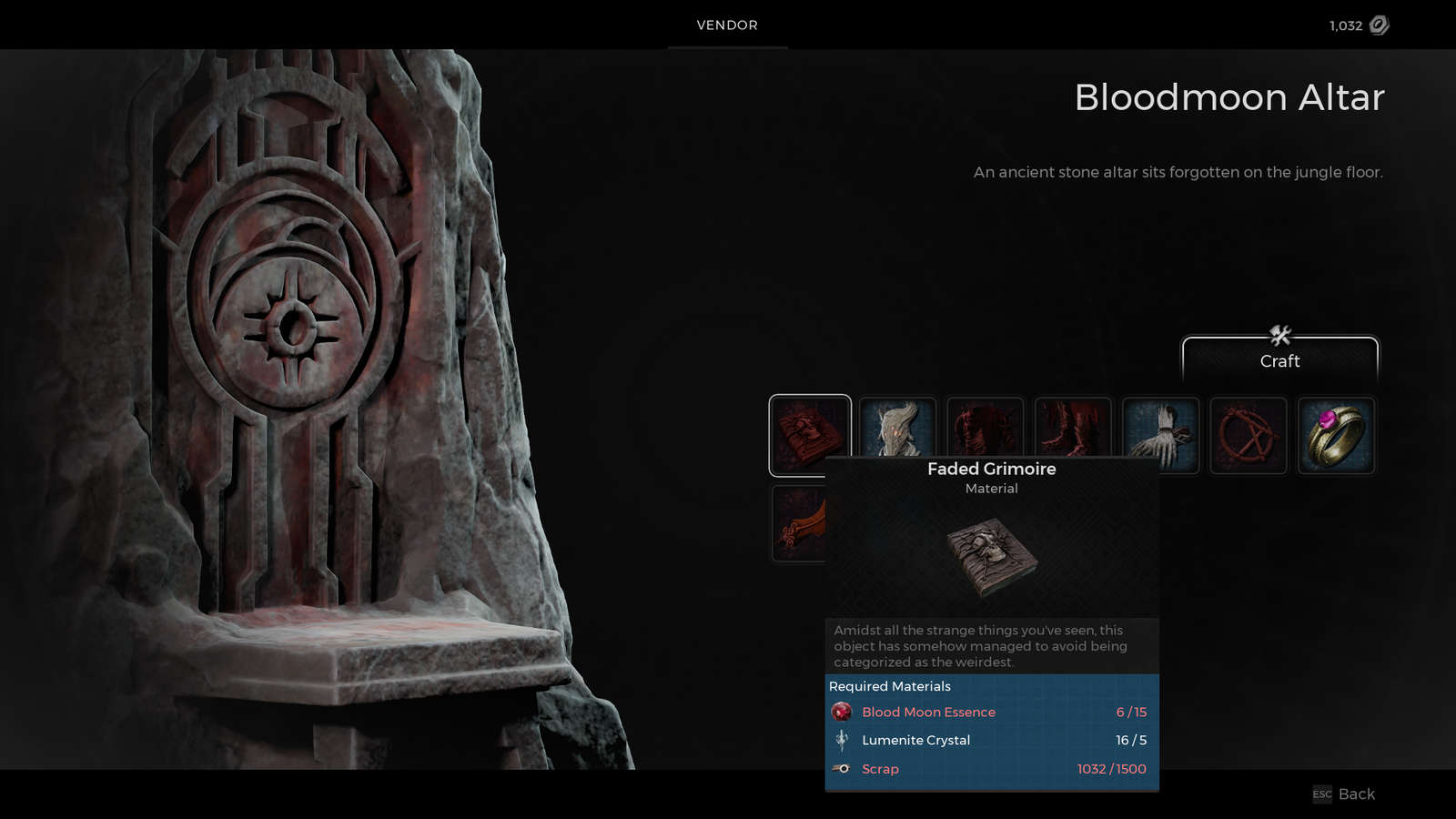 Remnant 2 faded grimoire costs 15 bloodmoon essence at bloodmoon altar
