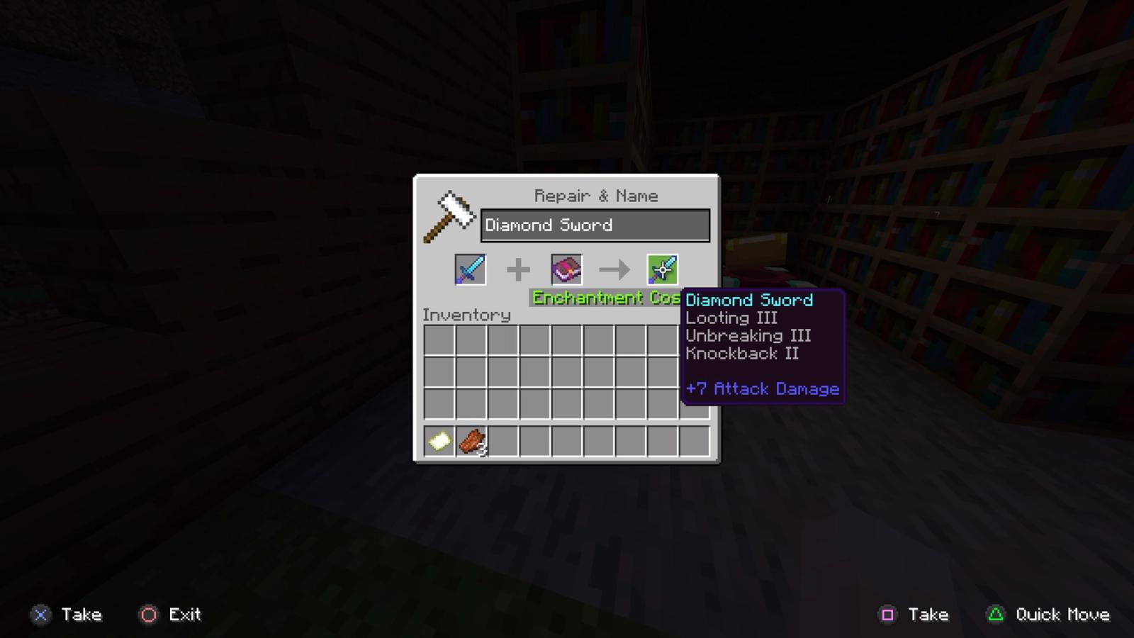 Using the anvil menu to add an enchantment to a sword in Minecraft Bedrock