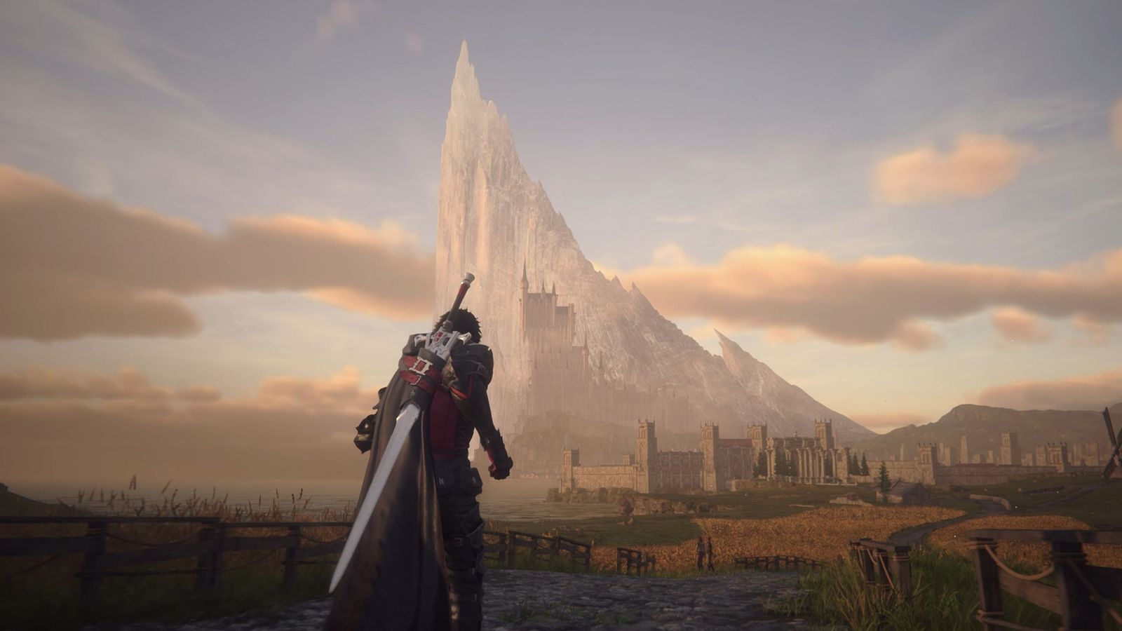 Screenshot of Final Fantasy 16 character looking at castle and mountain in the background