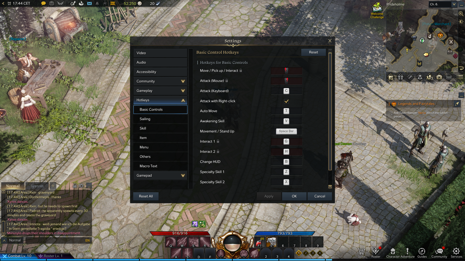 The Basic Controls hotkeys menu under settings in Lost Ark, where players can adjust mouse controls and keybinds.