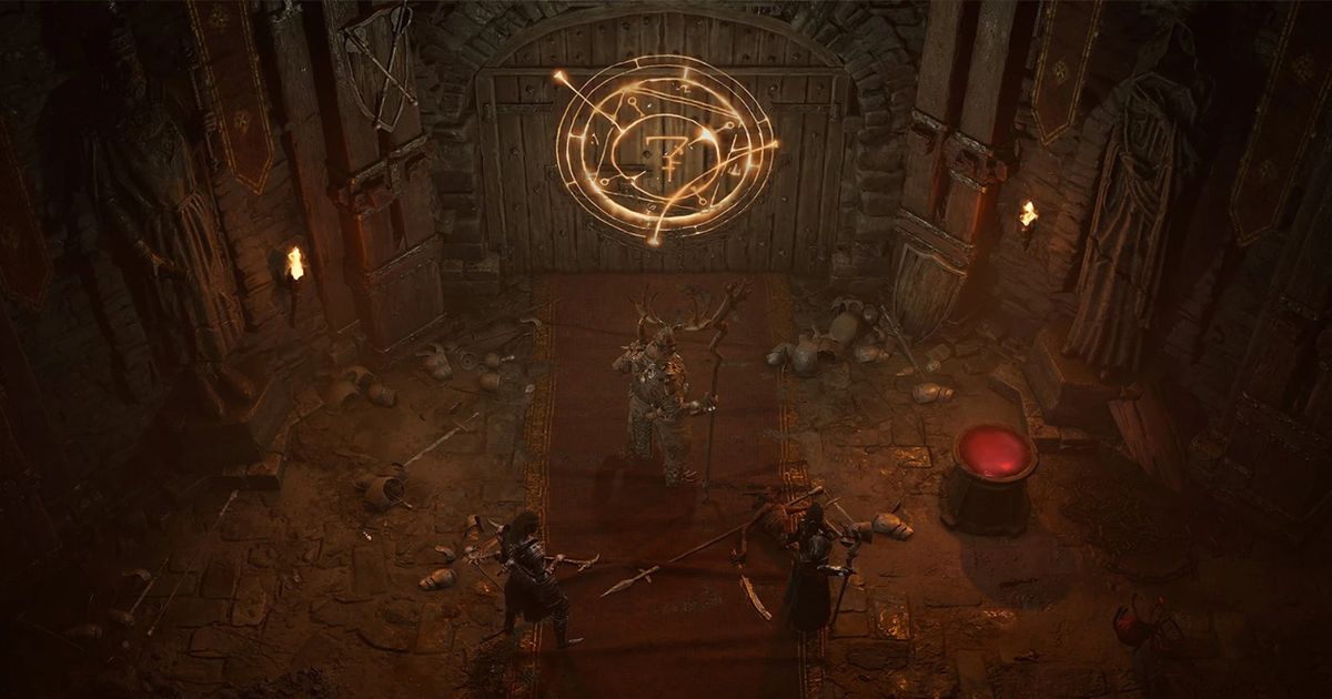 In-game image from Diablo IV of three characters standing outside a door with magical orange symbols on it.