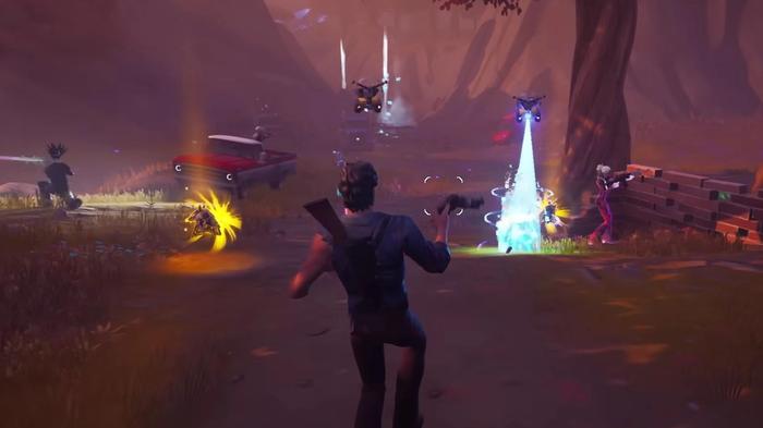 Ash running through a dark forest filled with enemies in Fortnite.
