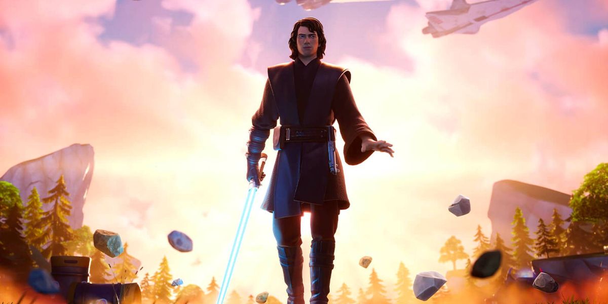 Anakin Skywalker holding a lightsaber in Fortnite.