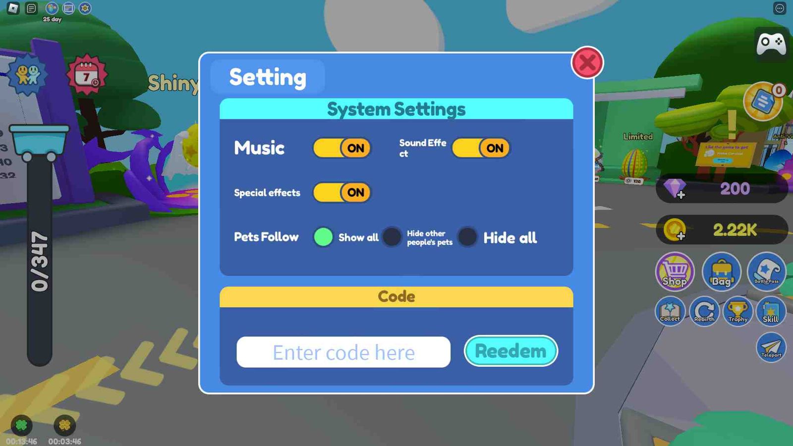 Image of the code redemption page in Stone Miner Simulator 2.