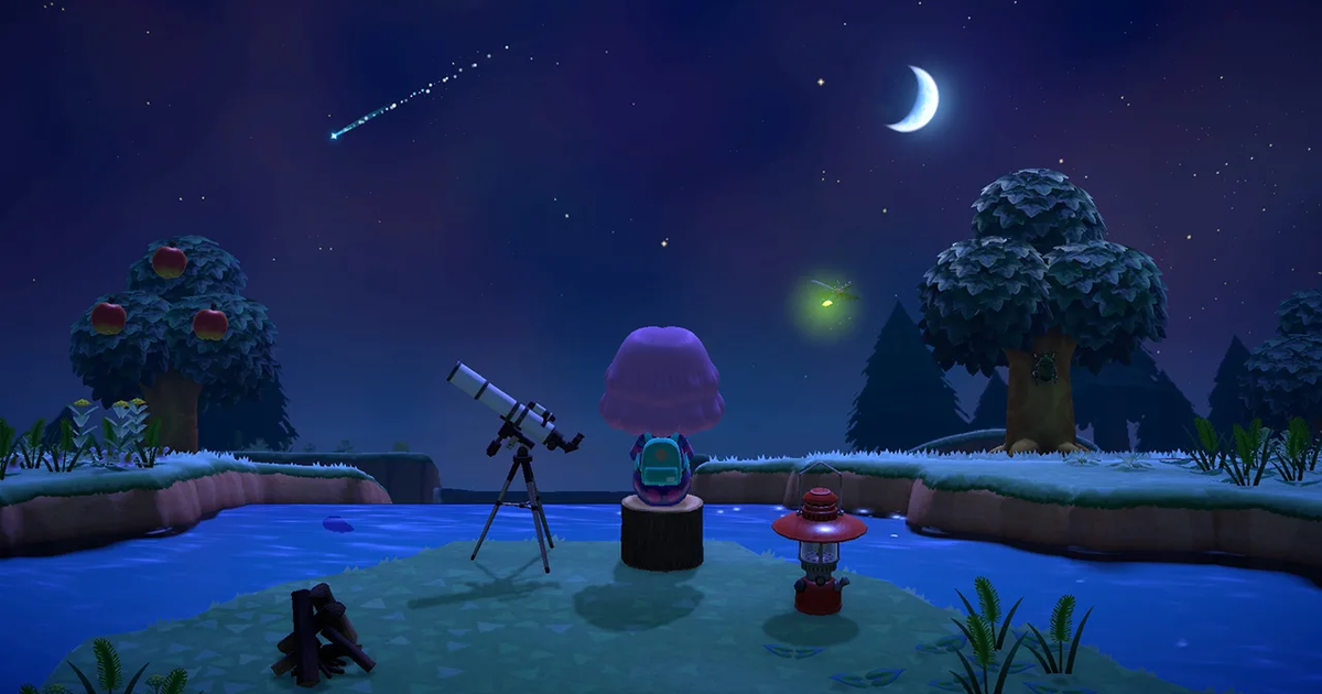 A player watching shooting stars during a meteor shower in Animal Crossing: New Horizons.