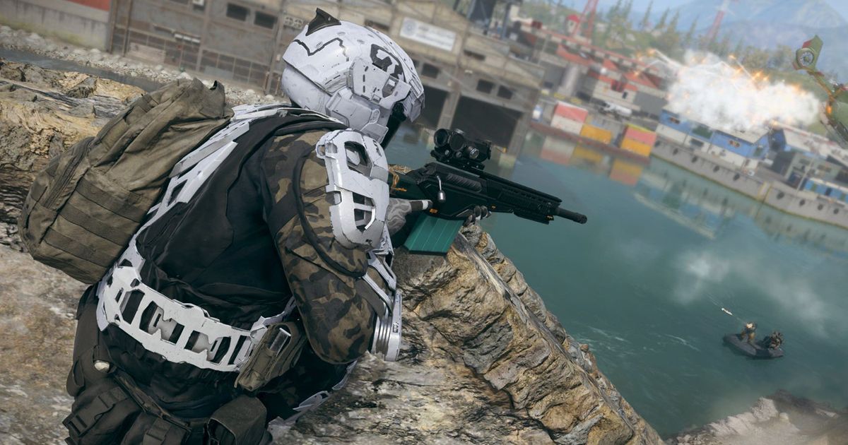 Warzone player aiming at opponent in small boat with sniper rifle