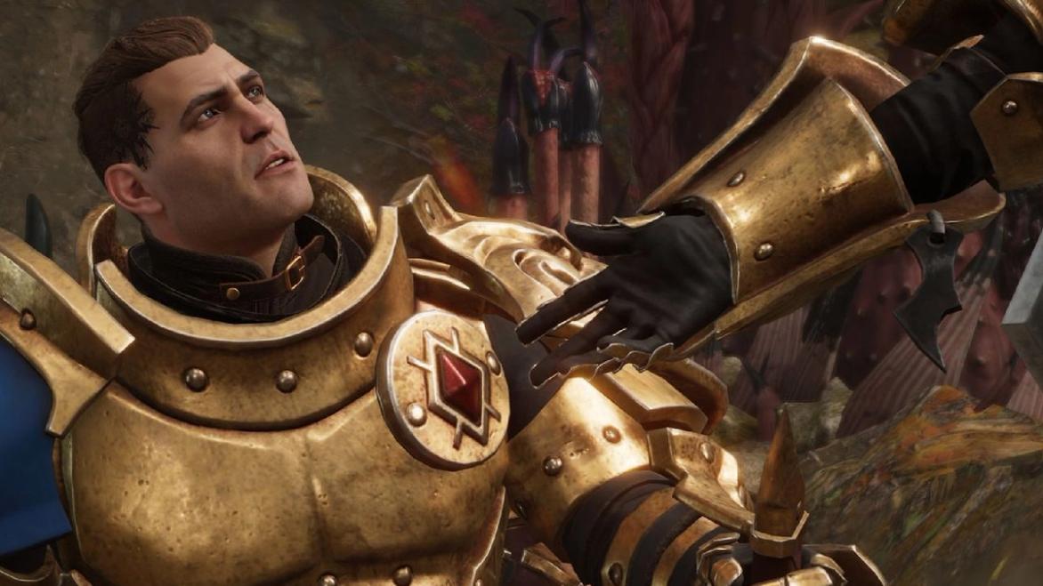 A Warhammer Age of Sigmar trooper sitting in golden armour 