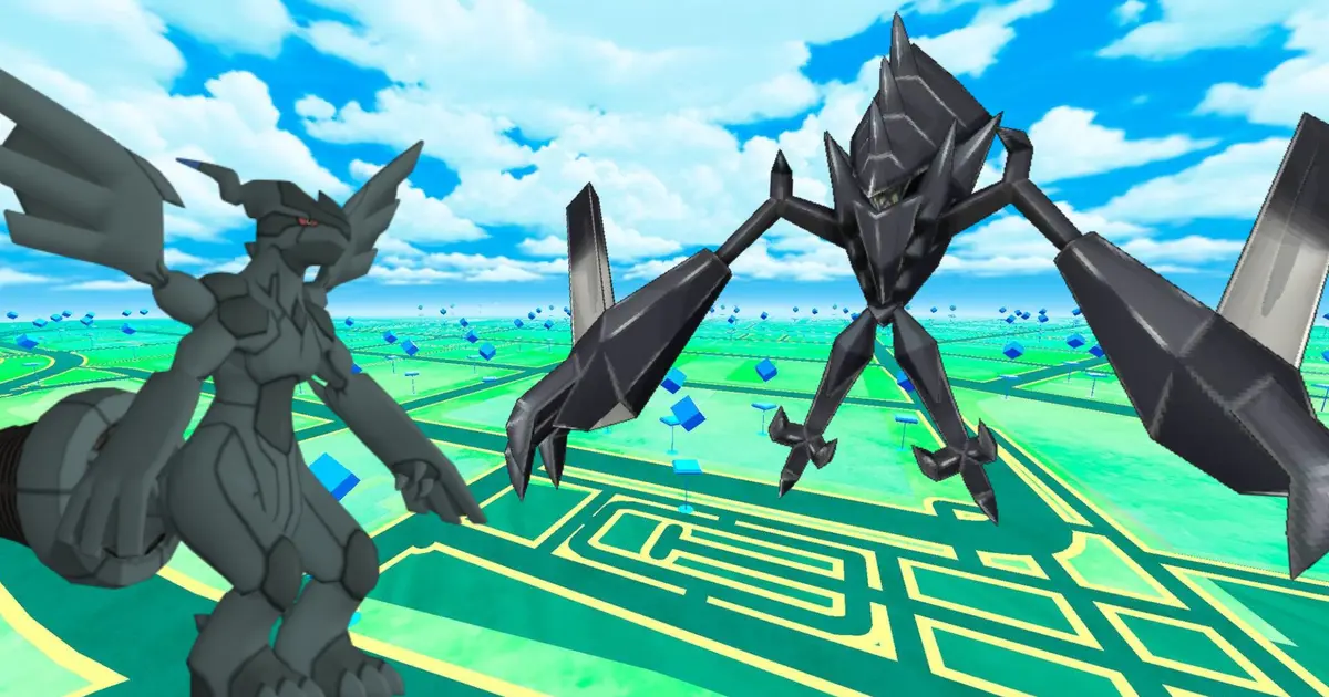 Zekrom and Necrozma standing on a HD Pokemon Go map background screen