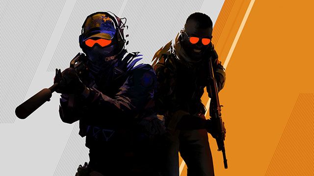 Counter Strike 2 players holding guns on white and orange background