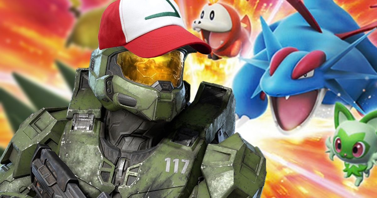 Halo Infinite master chief wearing Ash Ketchum’s hat next to a pokemon battle 