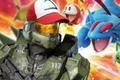 Halo Infinite master chief wearing Ash Ketchum’s hat next to a pokemon battle 
