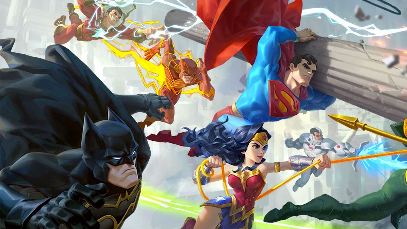 Image of Batman, Superman, Wonder Woman and The Flash swinging into battle in DC Worlds Collide