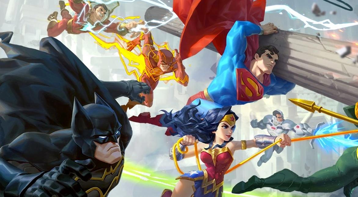 Image of Batman, Superman, Wonder Woman and The Flash swinging into battle in DC Worlds Collide