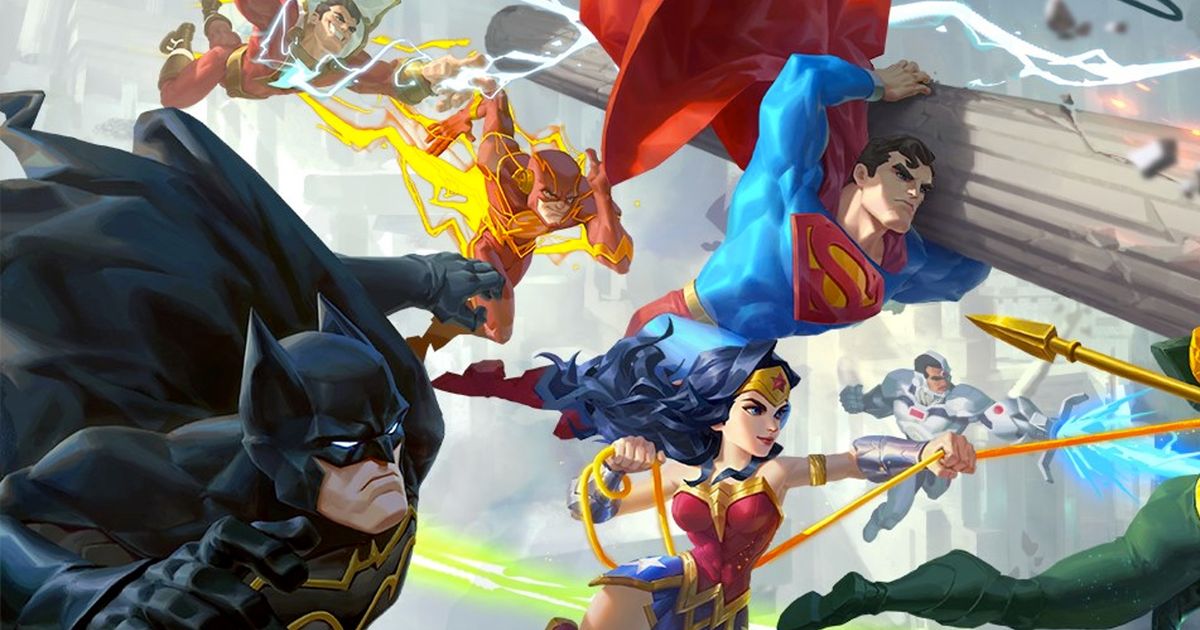Image of Batman, Superman, Wonder Woman and The Flash swinging into battle in DC Worlds Collide