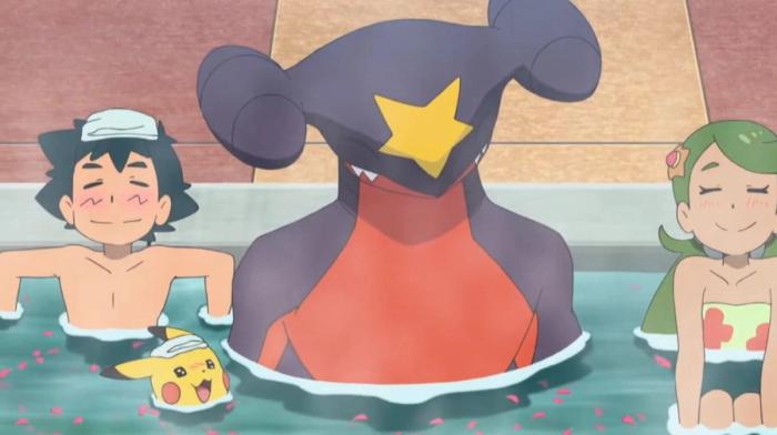 Ash, Pikachu, Garchomp and a lady in the hot springs together