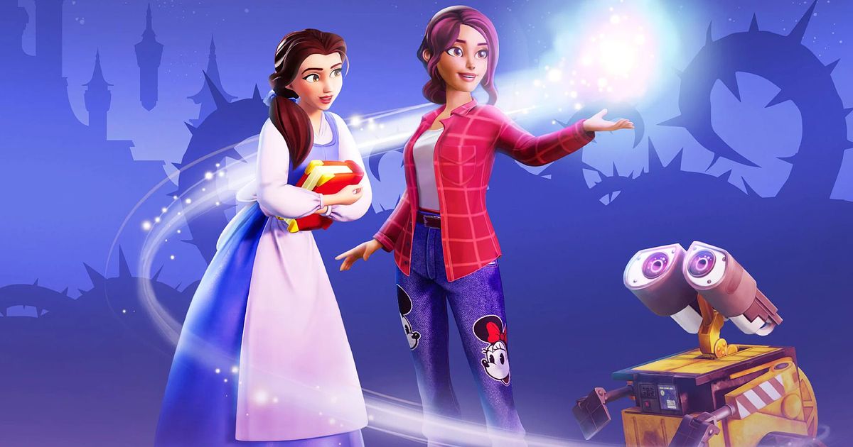 Player character standing between Belle and Wall-E