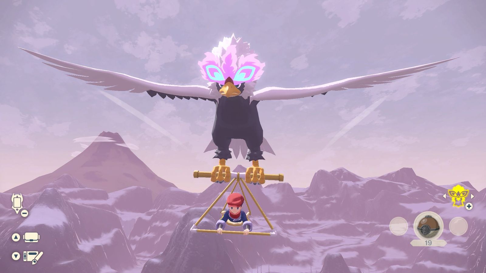 A Pokémon Trainer flying with the Hisuian Braviary in Pokémon Legends: Arceus.