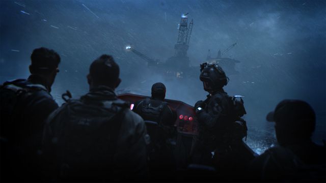 Screenshot showing Modern Warfare 2 players riding a boat towards an oil rig