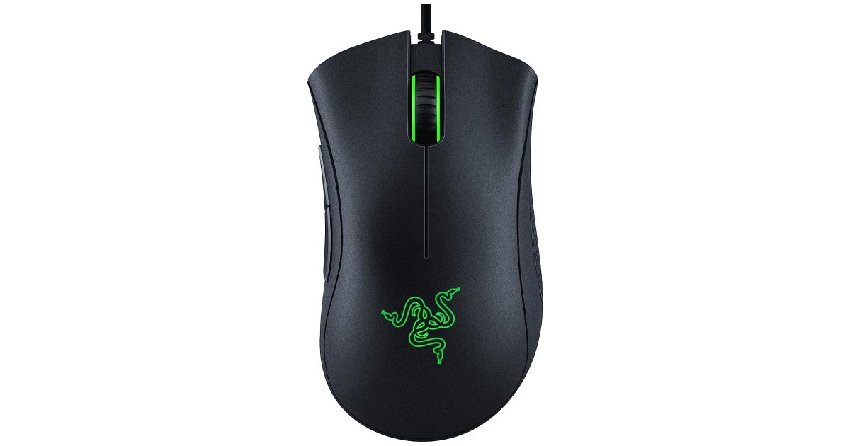 Razer DeathAdder Essential product image of a black wired mouse featuring green lighting on the branding and scroll wheel.