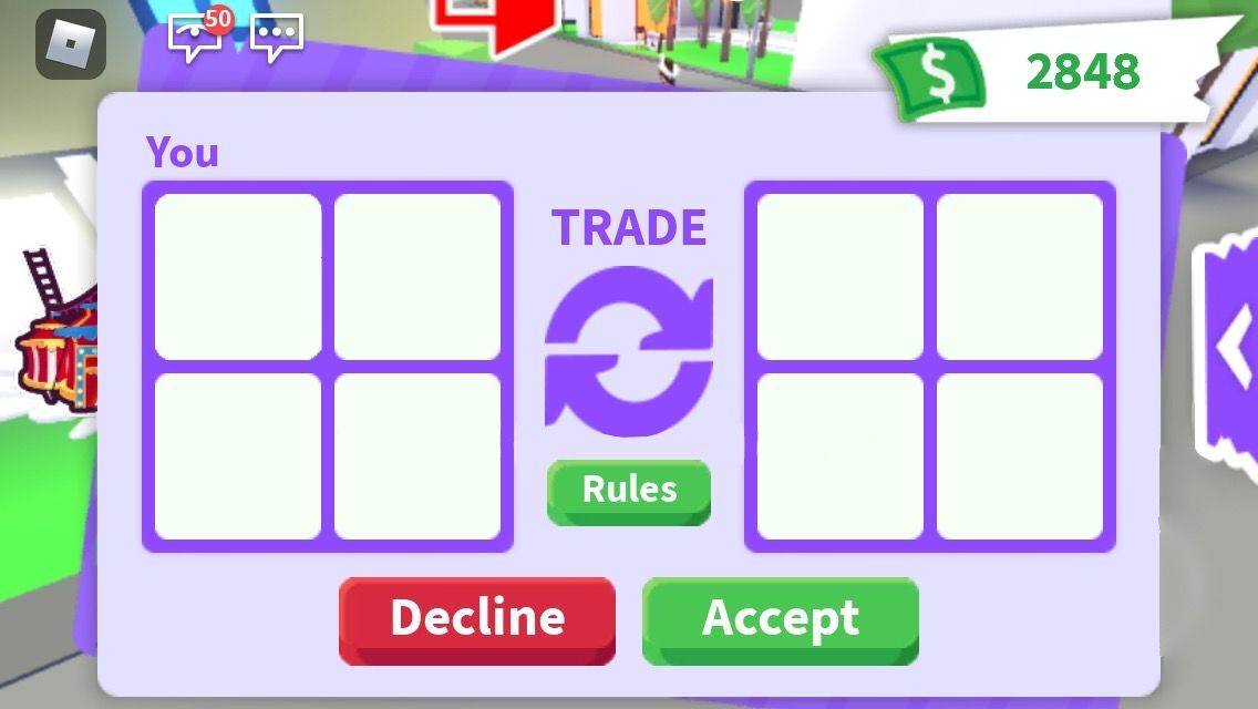 The trading menu in Adopt Me on Roblox.