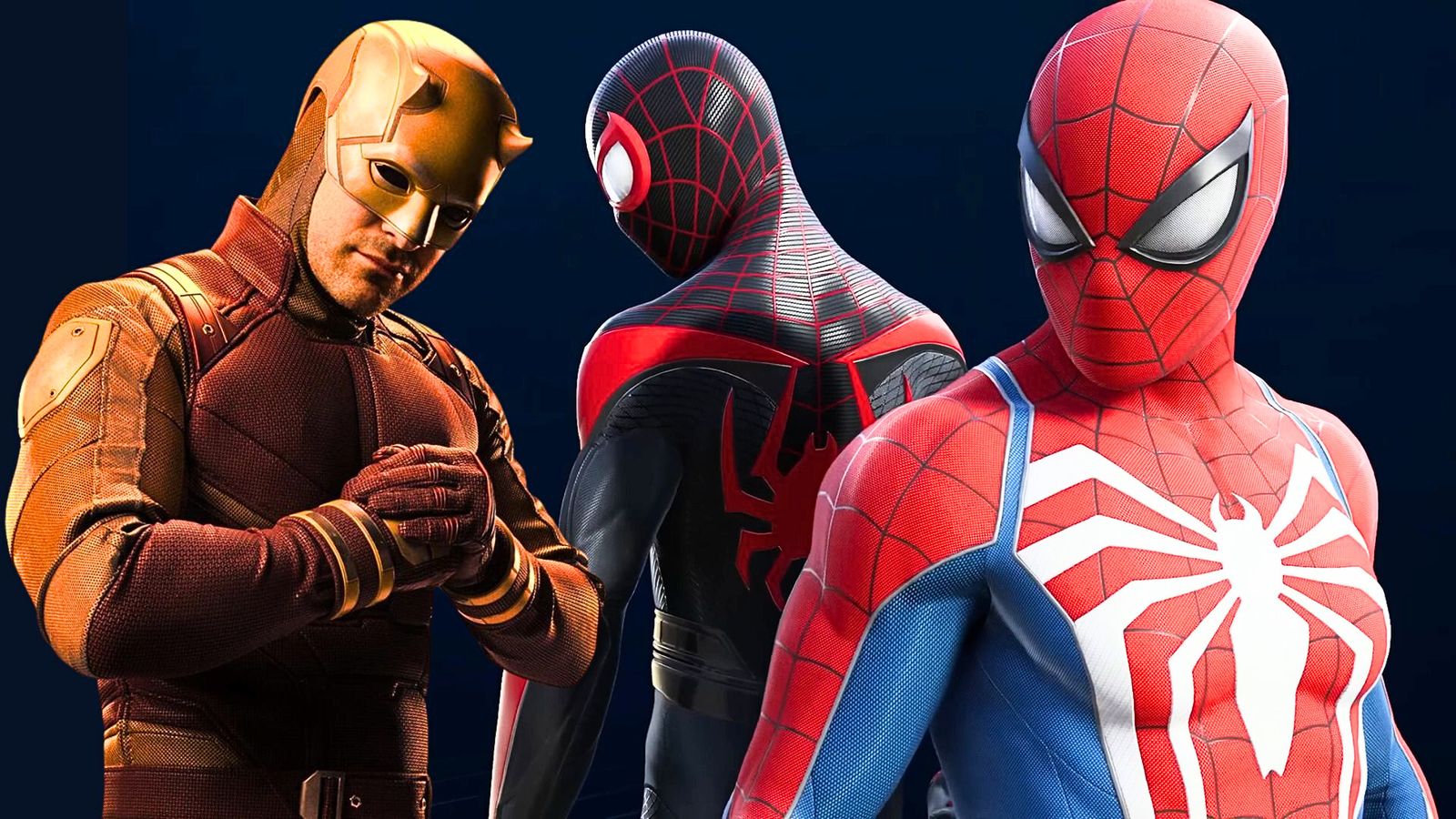 Daredevil, Miles Morales, and Peter Parker side by side