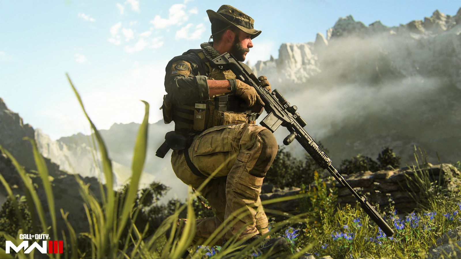Call of Duty Next Captain Price kneeling while pointing gun at ground