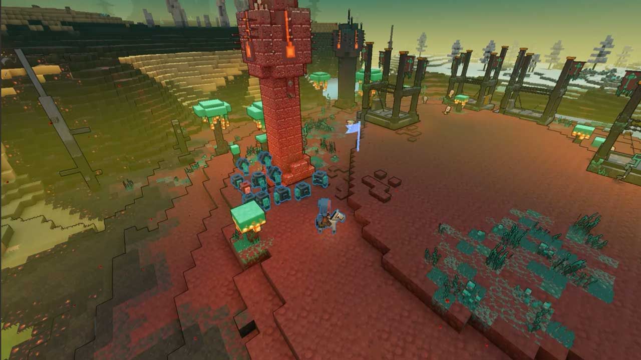 An army following the player character in Minecraft Legends.