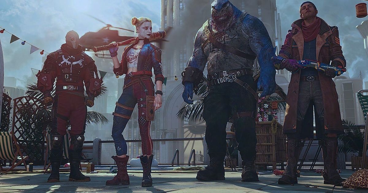 Deadshot, Harley Quinn, King Shark and Captain Boomerang standing in a destroyed Metropolis